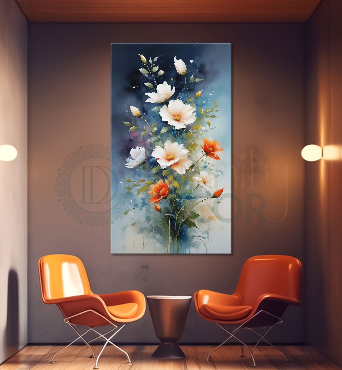 White and orange flowers in blue textured painting- Flower-V-629
