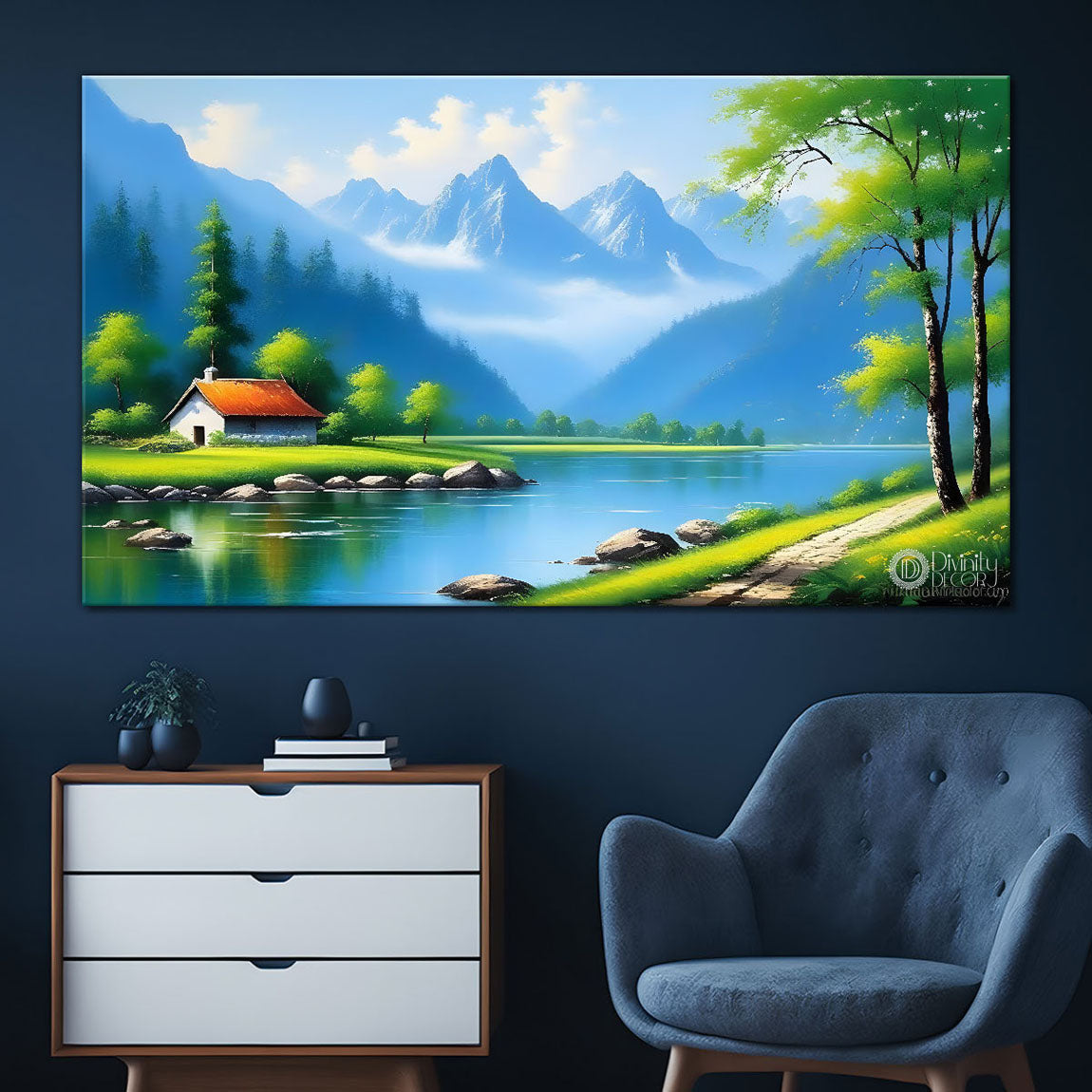 Mountains with greenery and house painting Canvas Painting - Nature Art -630