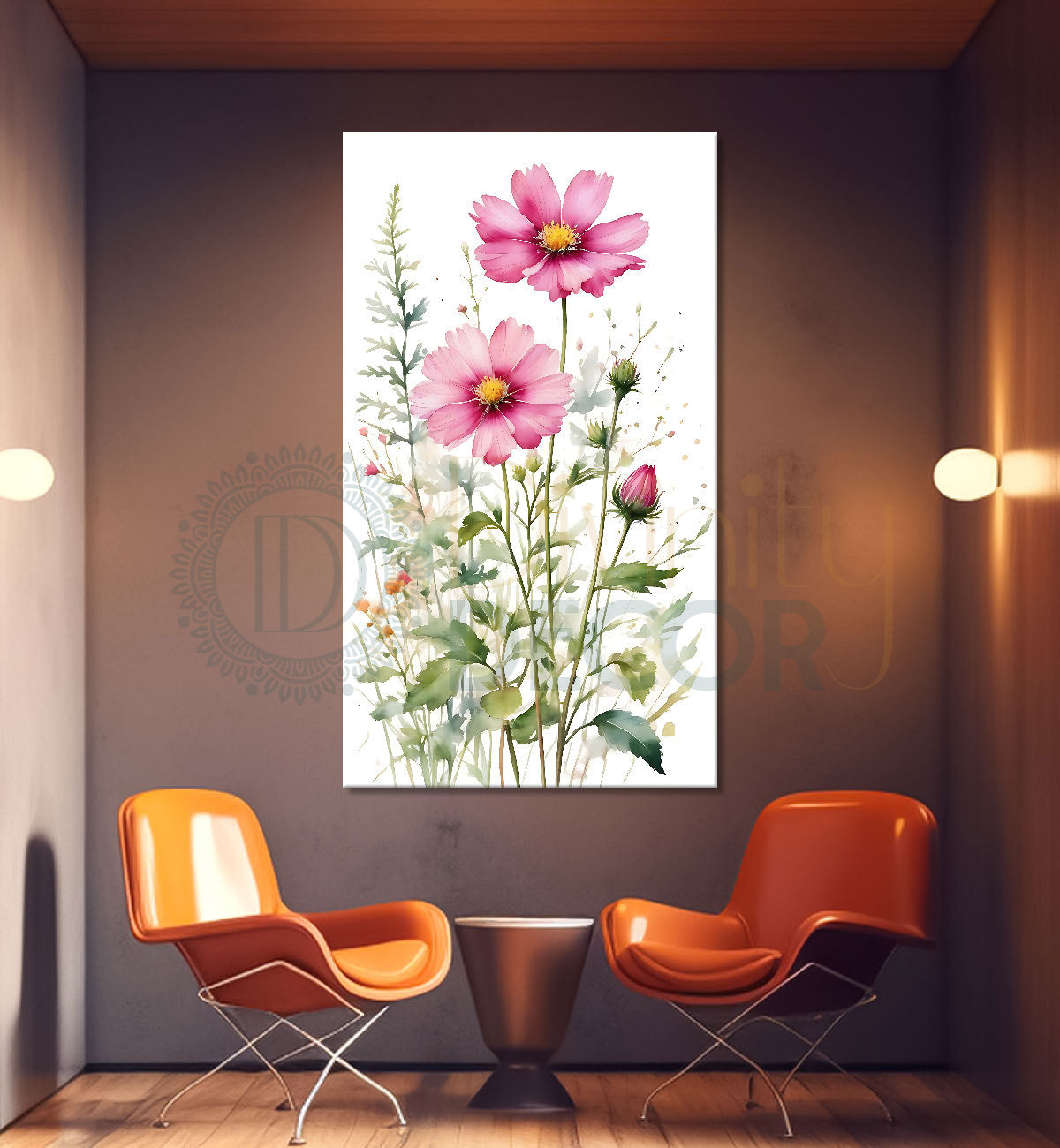 Pink flowers in white textured background painting- Flower-V-630