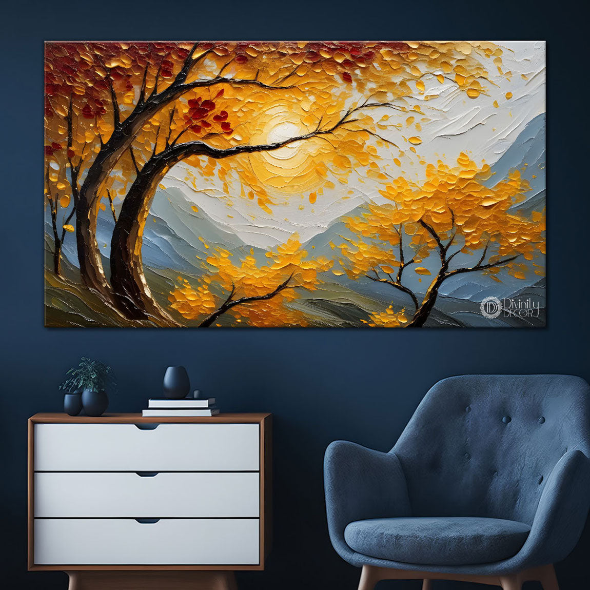 Orange trees with mountains painting Canvas Painting - Nature Art -631