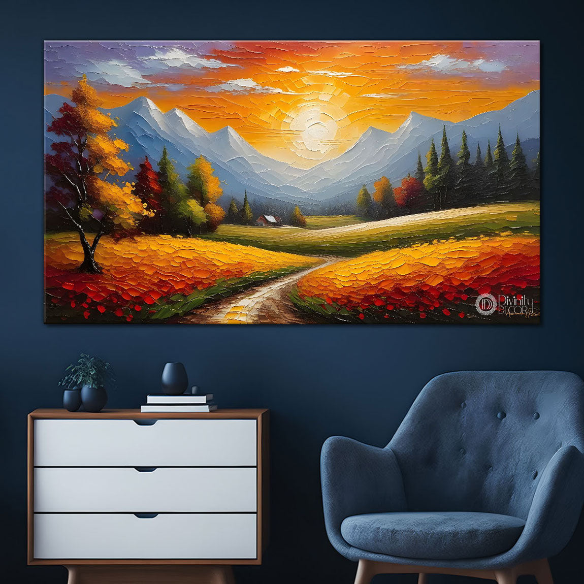 Mountains with trees and sunset painting Canvas Painting - Nature Art -635