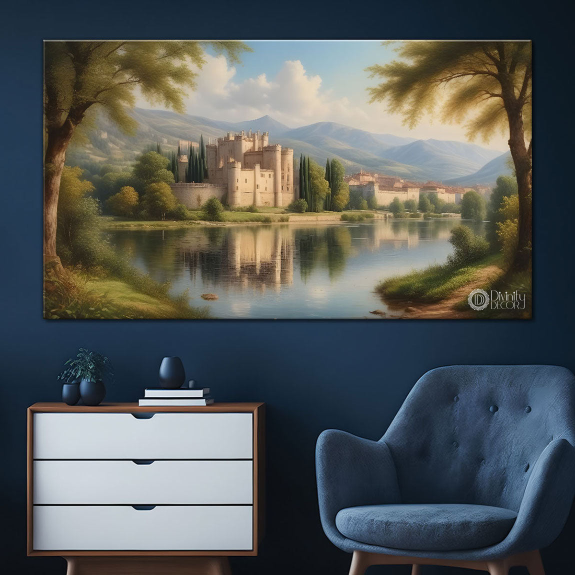 Castle in greenery with lake painting Canvas Painting - Nature Art -636
