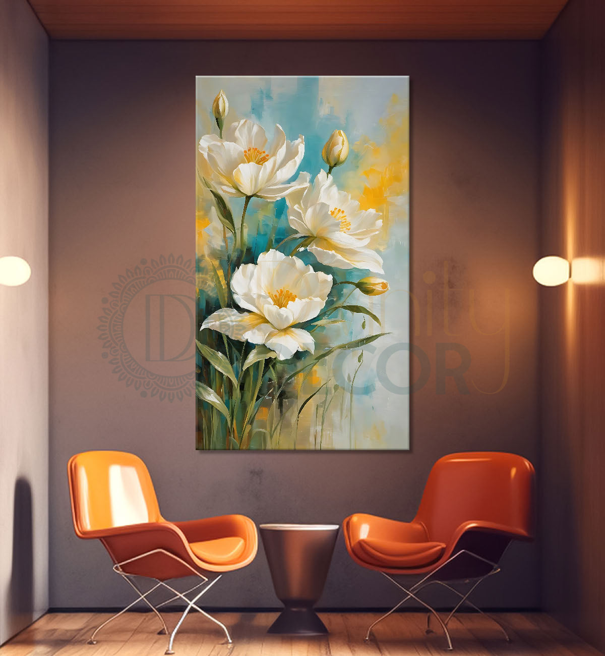 White flowers in yellow and blue textured painting - Flower-V-636