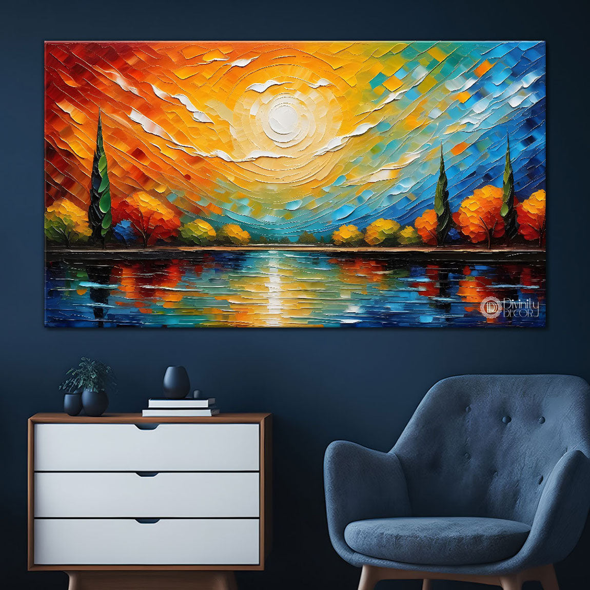 Trees with colorful sky and lake painting Canvas Painting - Nature Art -637