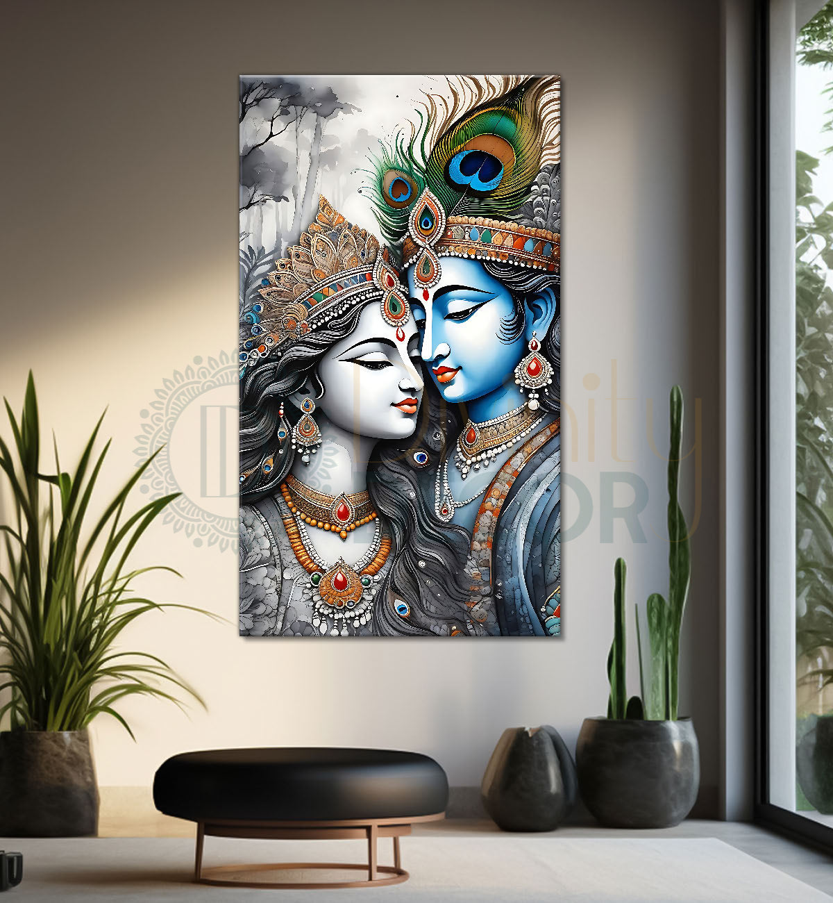 Blue face of krishna with radha in grey and light brown water colour textured art Canvas Painting - Design - Krishna-V-63