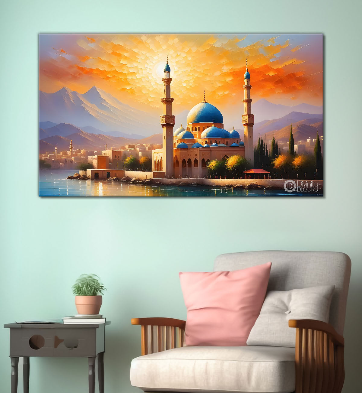 beautiful Islamic mosque with sunset textured oil painting Canvas Painting - Islamic paintings - 64