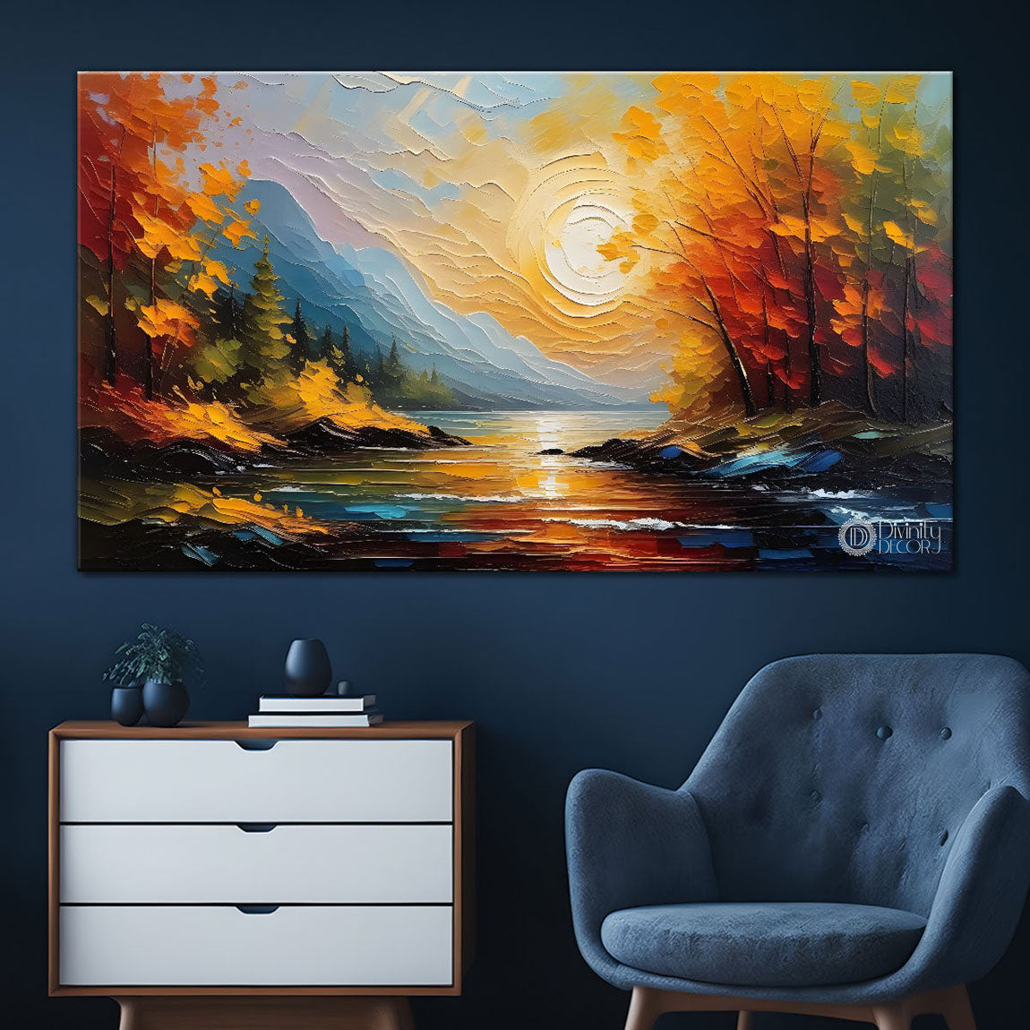 Orange trees with lake sun painting Canvas Painting - Nature Art -640