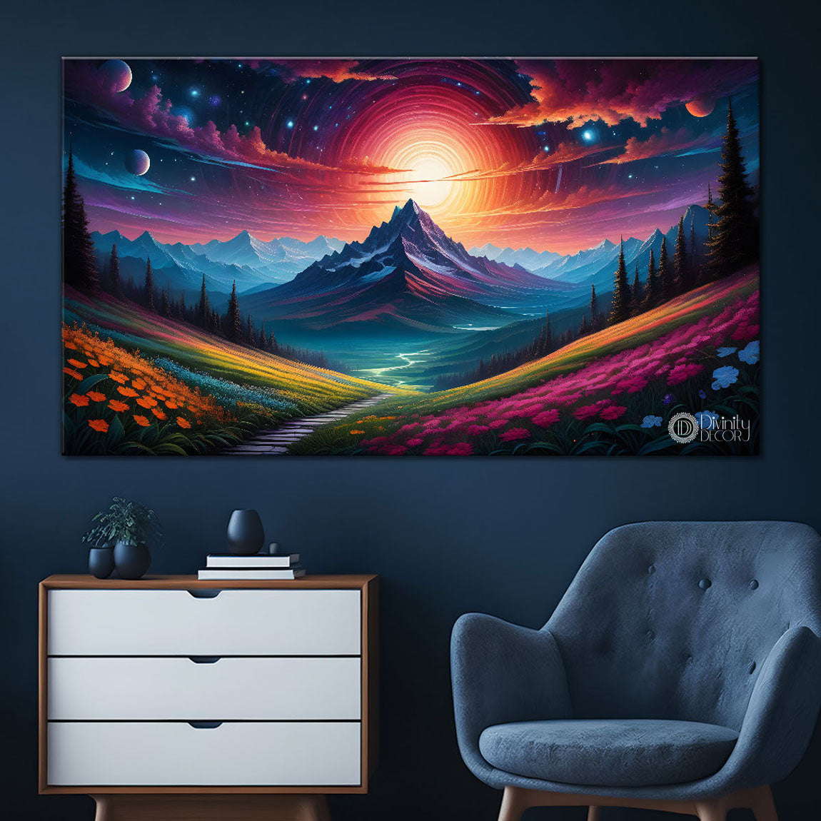 Mountains with sun in dark background painting Canvas Painting - Nature Art -643