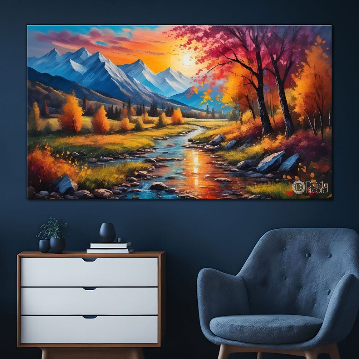 Orange trees with lake painting Canvas Painting - Nature Art -645