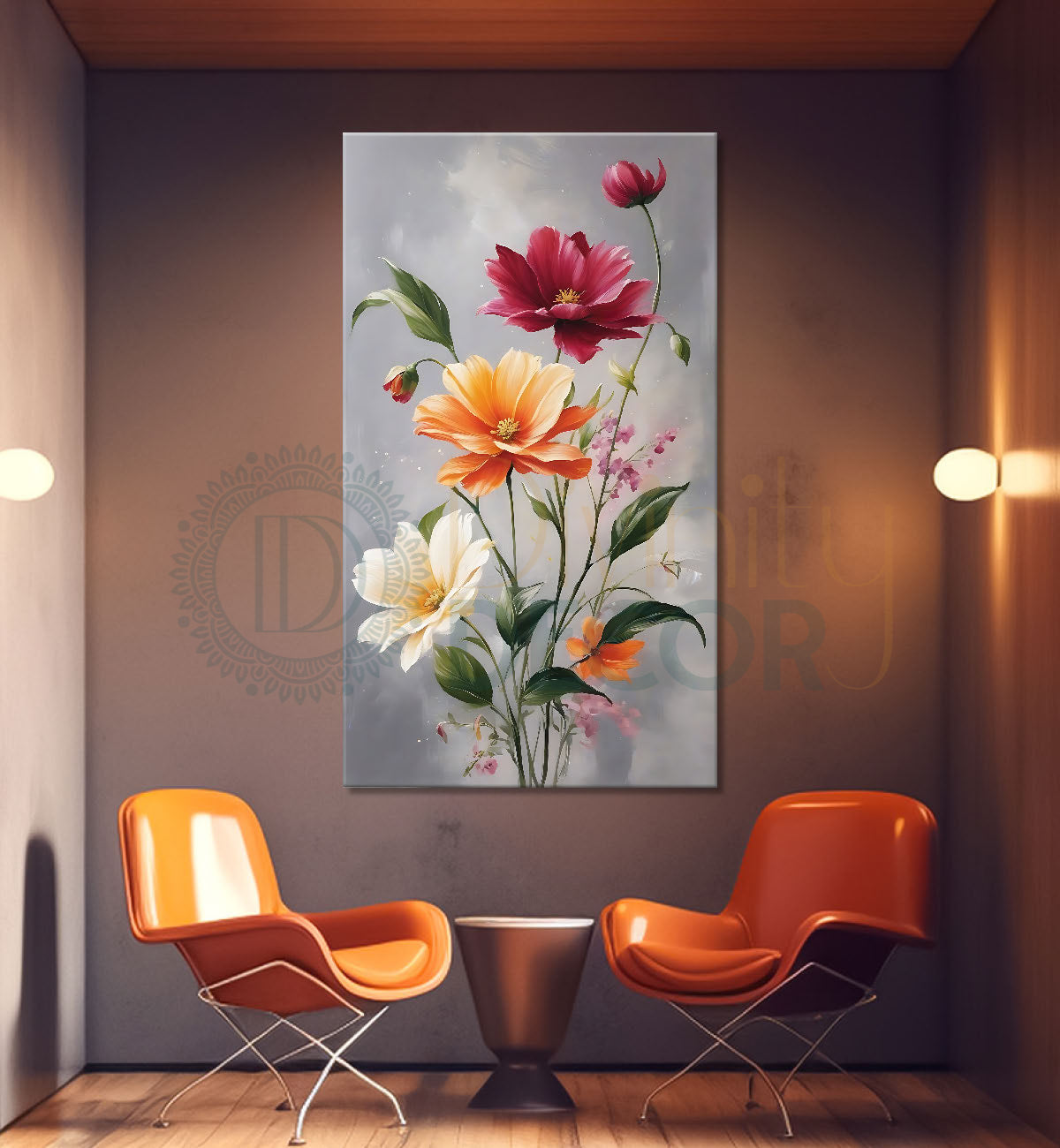 Colourful flowers in grey textured background painting - Flower-V-645