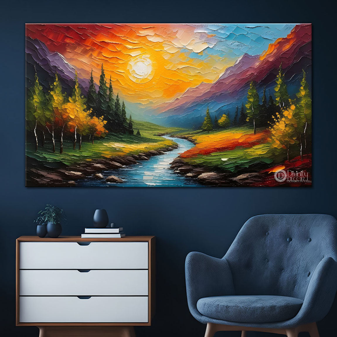 Mountains with trees and lake with sun painting Canvas Painting - Nature Art -646