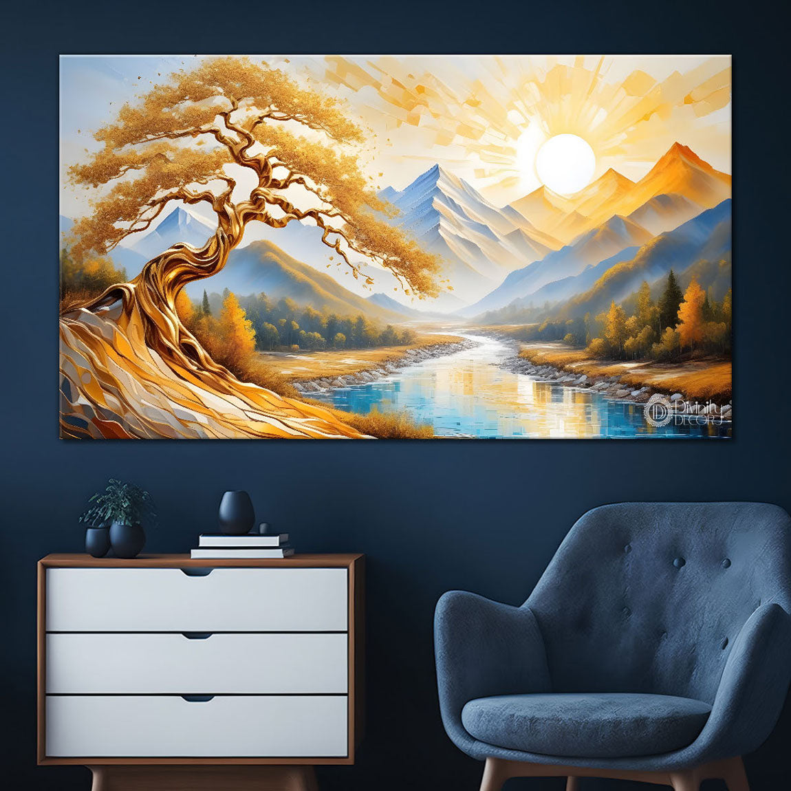 Golden tree with lake painting Canvas Painting - Nature Art -648