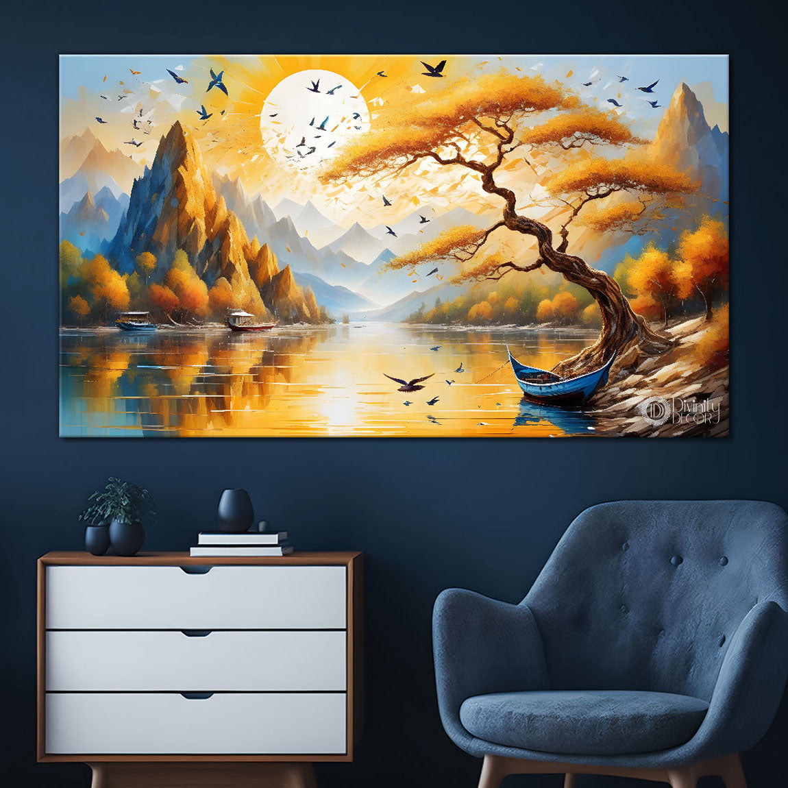 Yellow trees with lake painting Canvas Painting - Nature Art -649