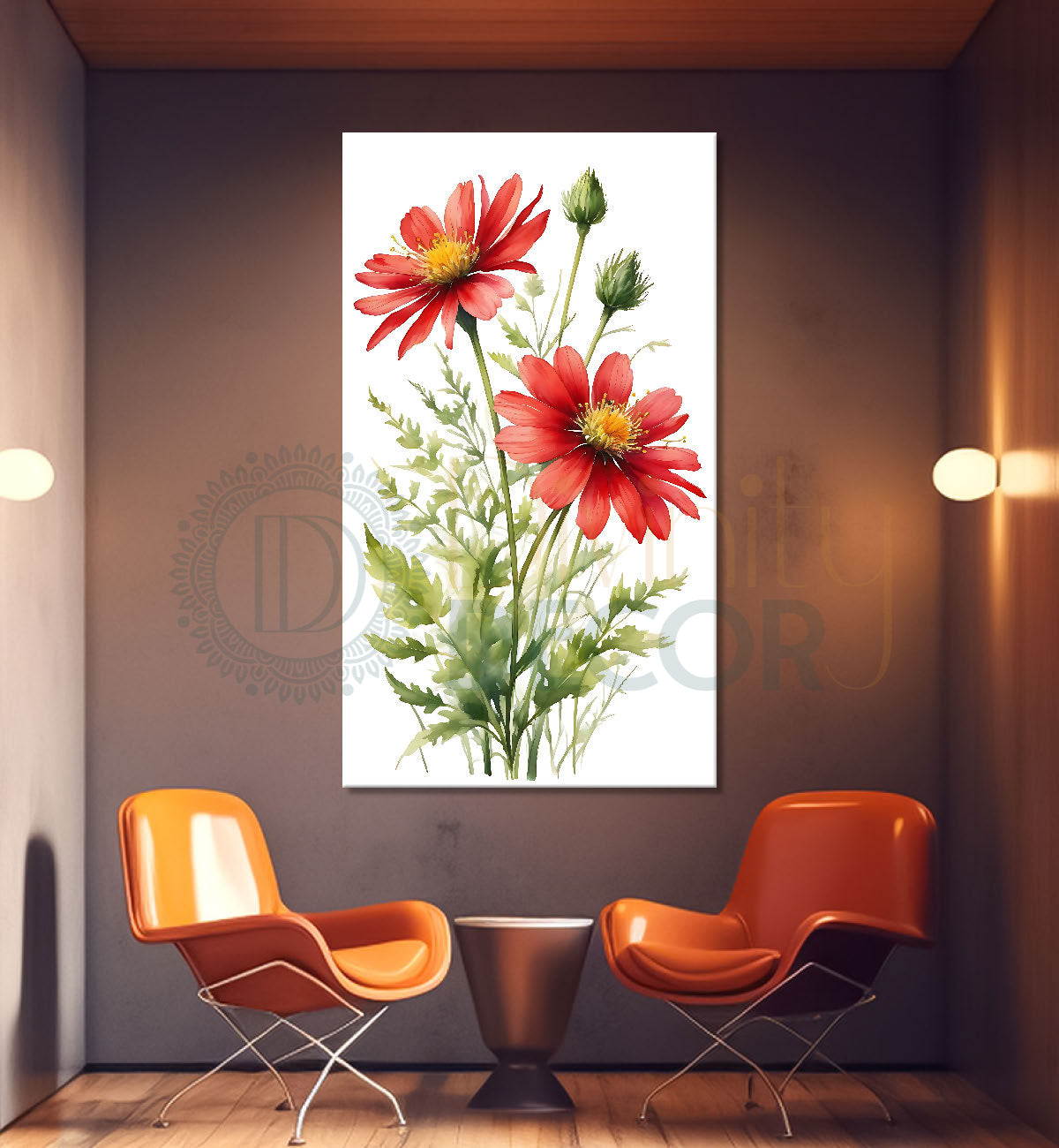 Red flowers in white textured background painting - Flower-V-650