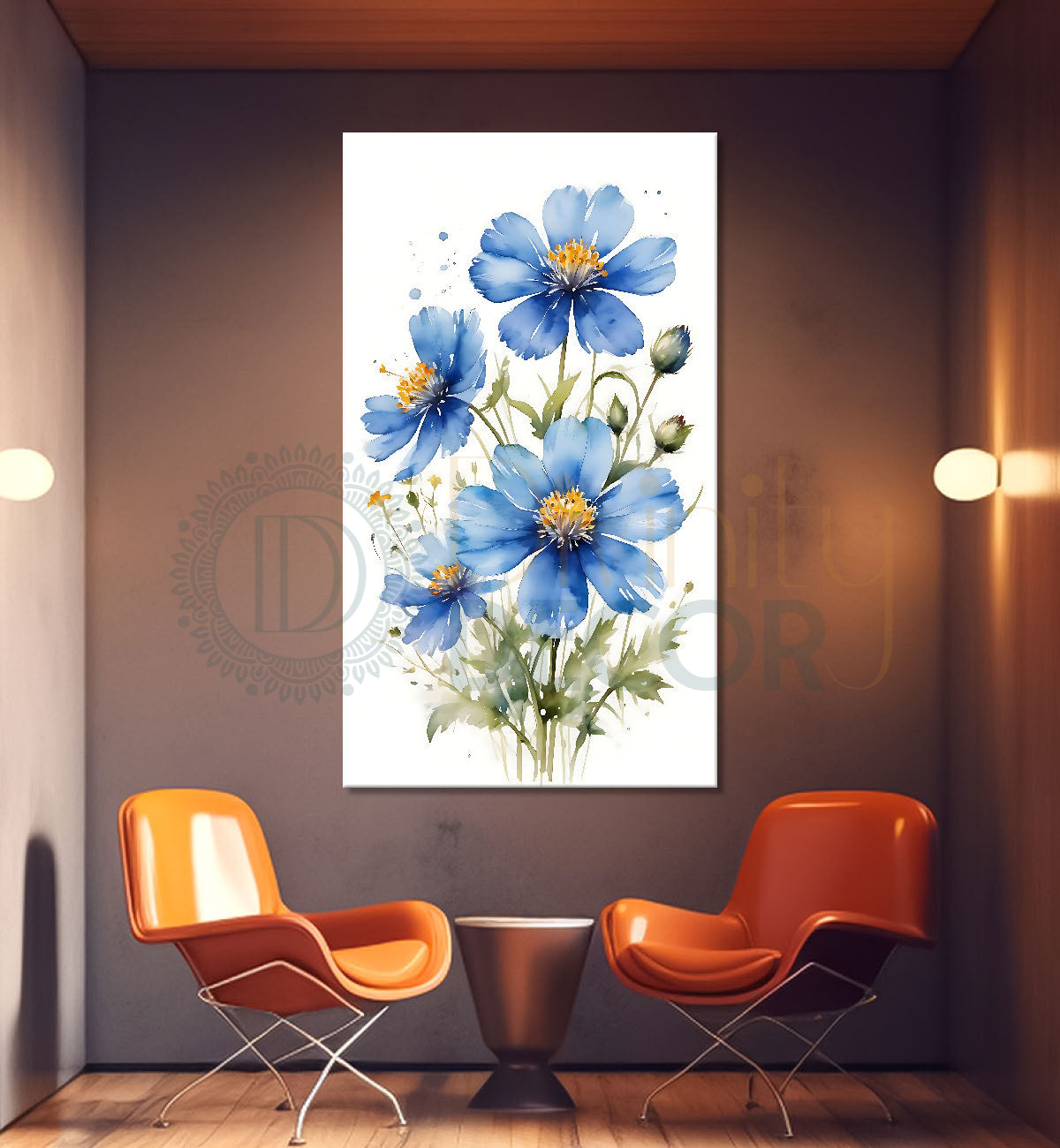 Blue flowers in white textured background painting - Flower-V-652