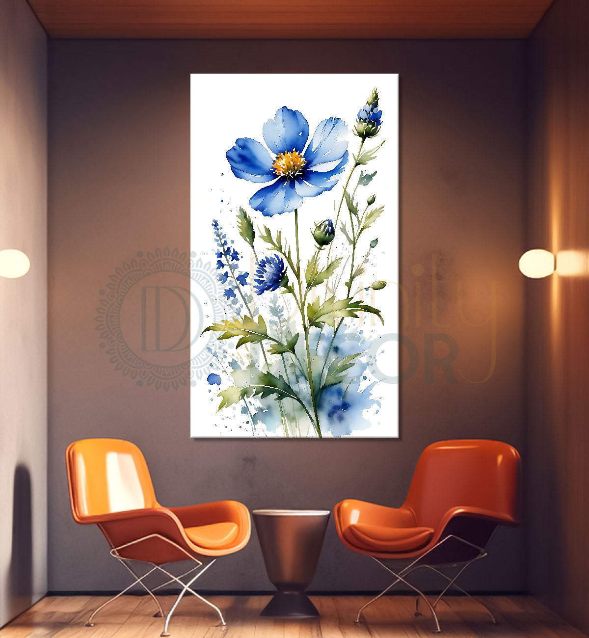 Blue flowers in white textured background painting - Flower-V-653