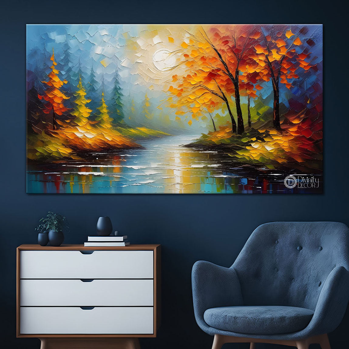 Orange trees with lake painting Canvas Painting - Nature Art -654