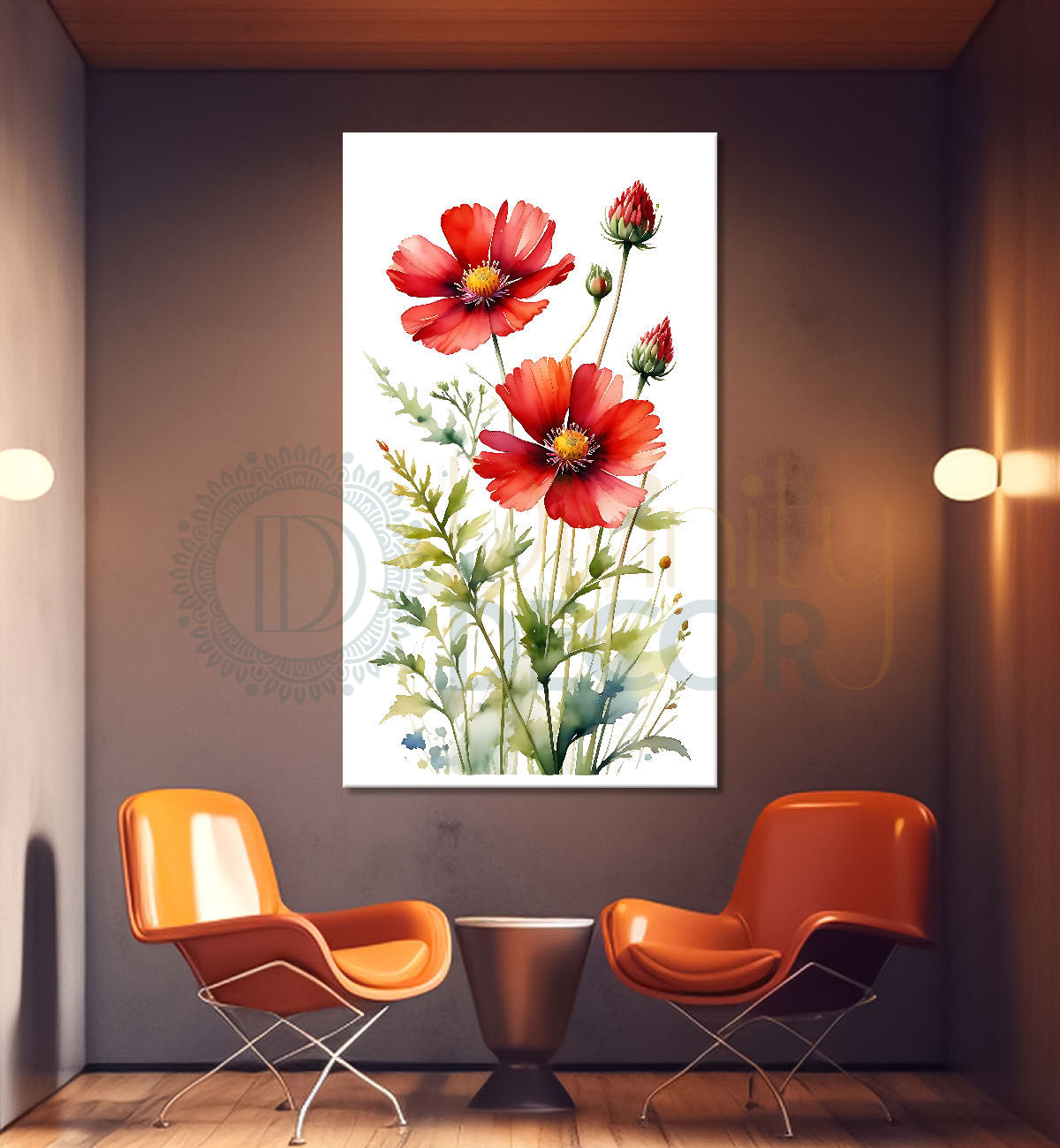 Red flowers in white textured background painting - Flower-V-655