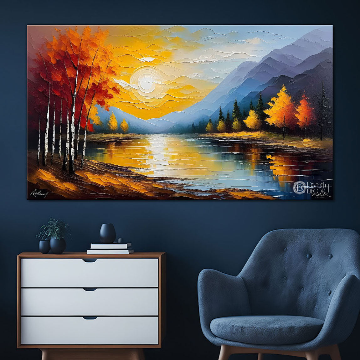 Tree with mountains with sunset painting Canvas Painting - Nature Art -656
