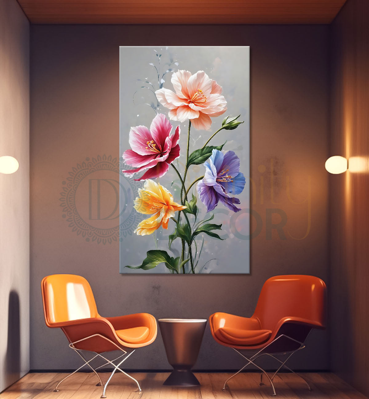 Colourful flowers in grey textured background painting - Flower-V-656