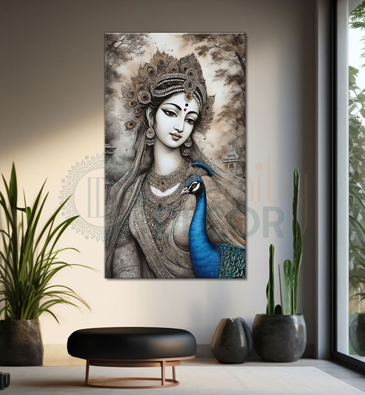 Radha with peacock in grey and light brown water colour textured art Canvas Painting - Design - Krishna-V-65