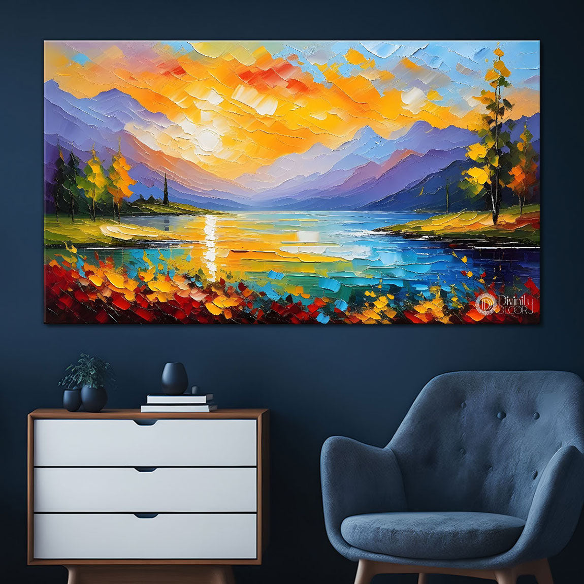 Mountains with colorful flowers and lake painting Canvas Painting - Nature Art -663
