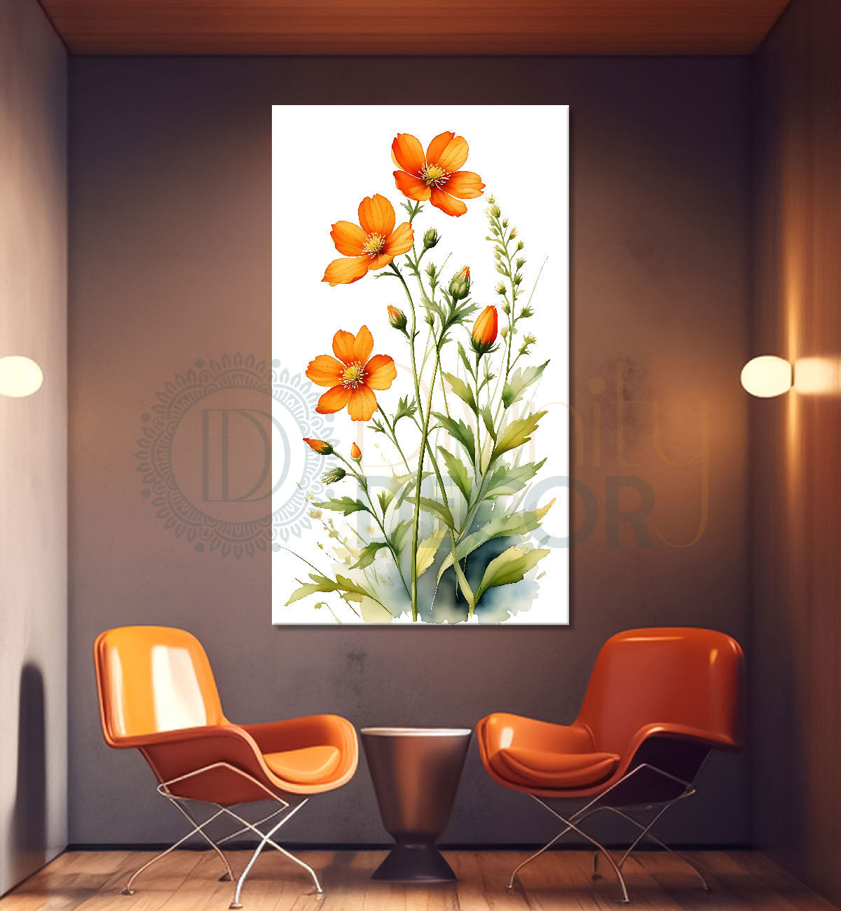 Orange flowers in blue textured painting - Flower-V-663
