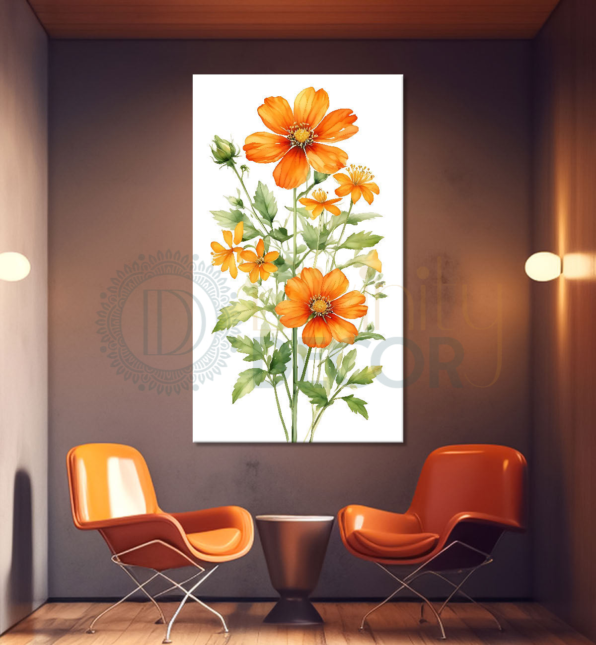 Orange flowers in blue textured painting - Flower-V-664