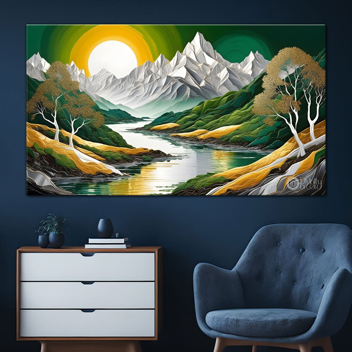 Mountains with sun and trees in green textured painting Canvas Painting - Nature Art -665