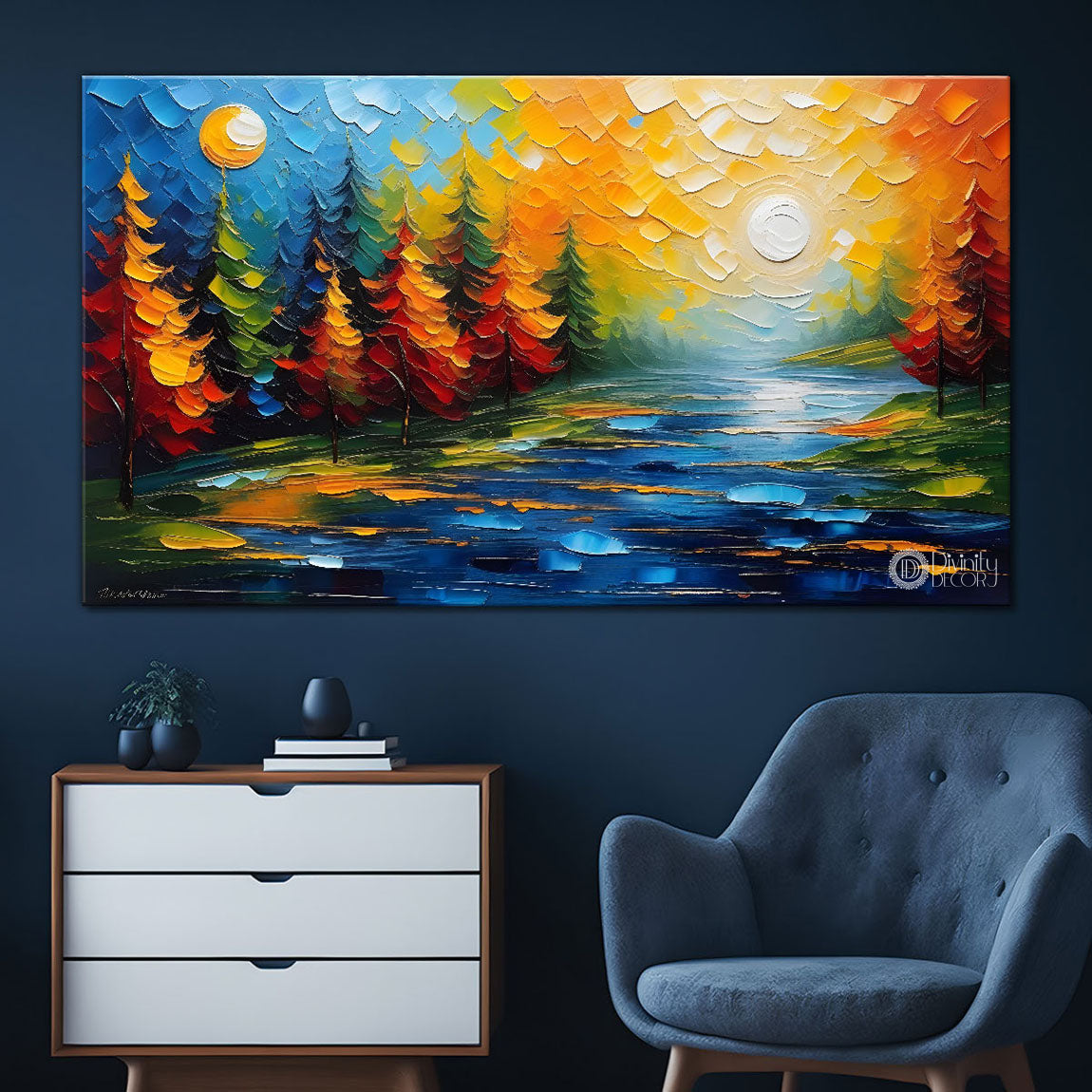 Orange trees with lake textured painting Canvas Painting - Nature Art -666