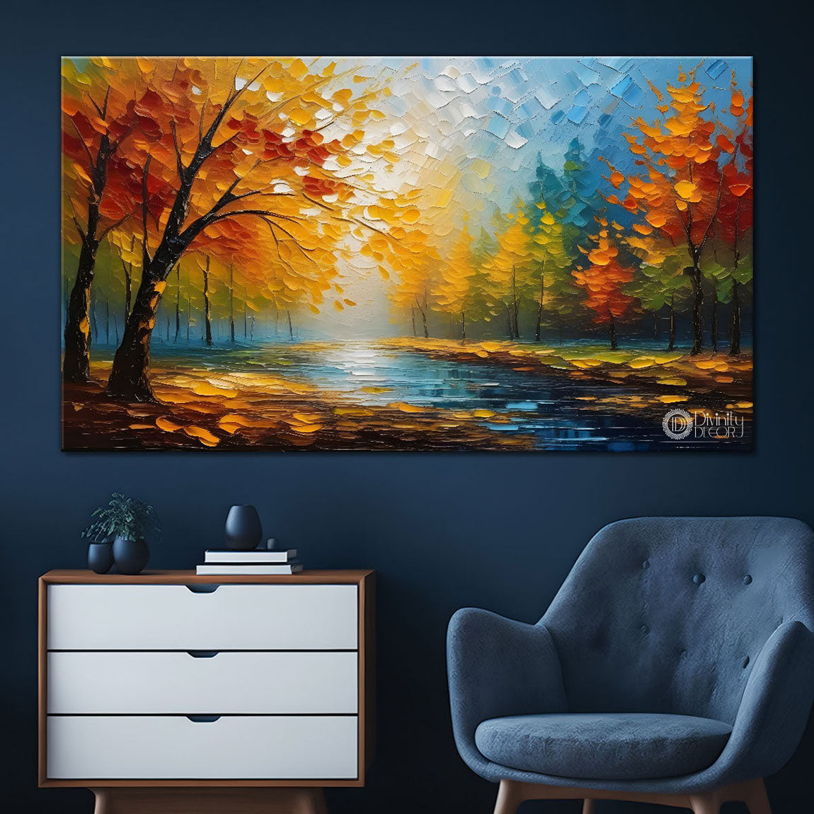 Orange trees with lake painting Canvas Painting - Nature Art -667
