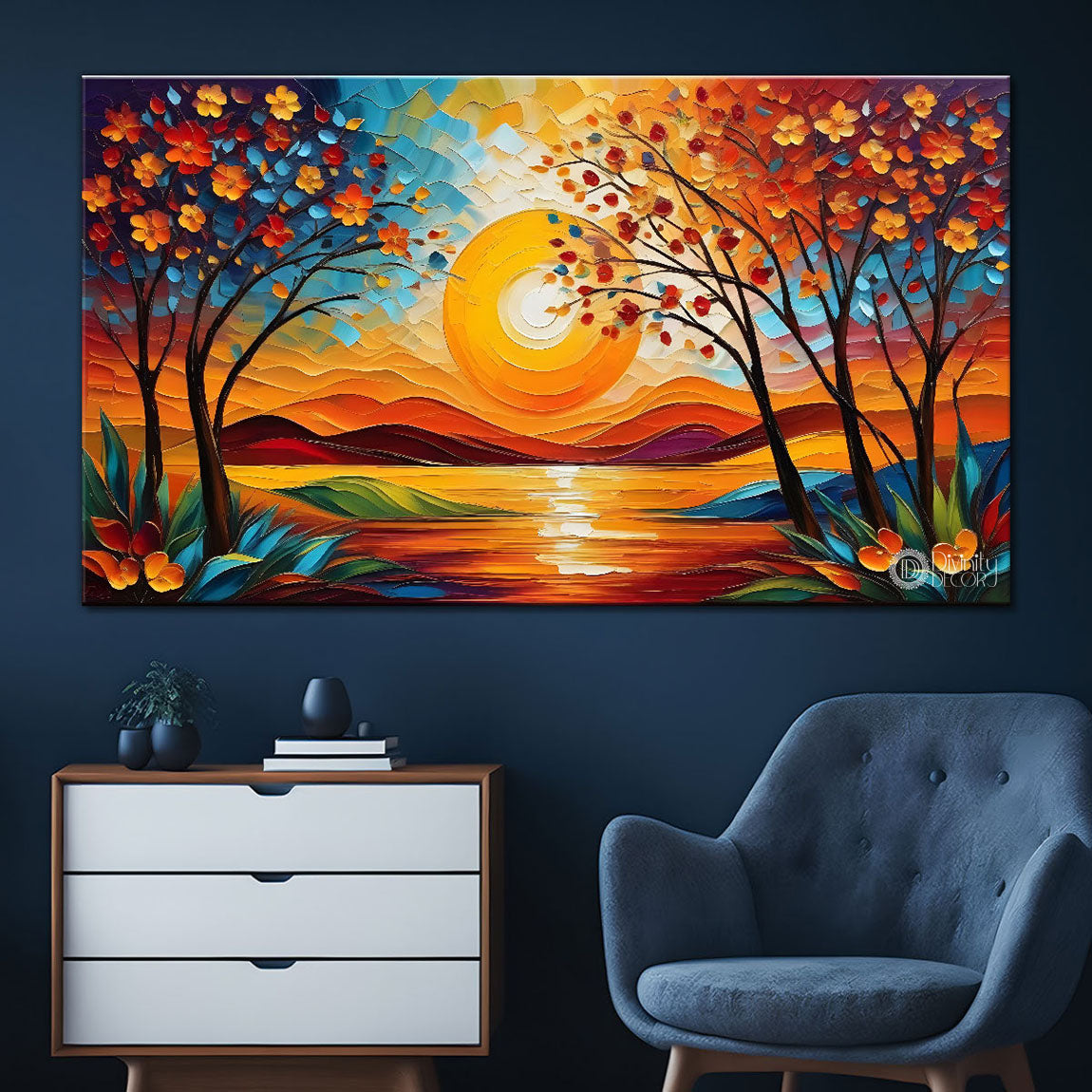 Orange trees with sunrise and lake painting Canvas Painting - Nature Art -669