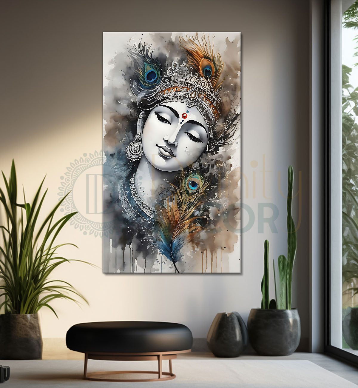 Blue face of krishna in grey and light brown water colour textured art Canvas Painting - Design - Krishna-V-66