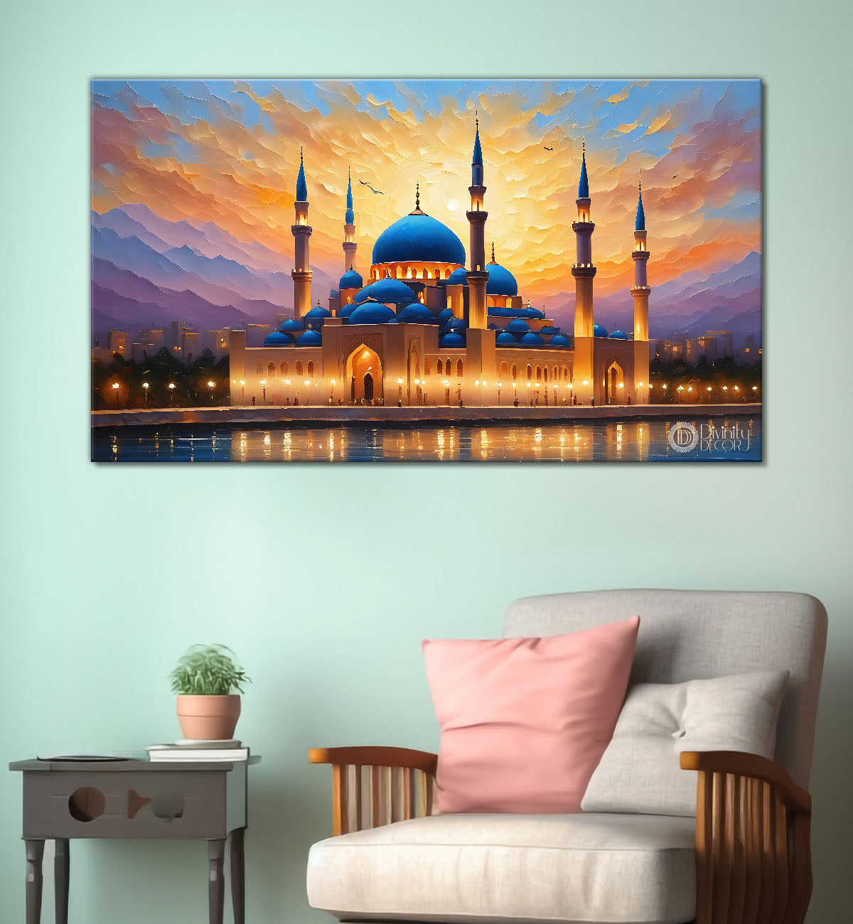 Beautiful Islamic mosque with sunset textured oil painting Canvas Painting - Islamic paintings - 67