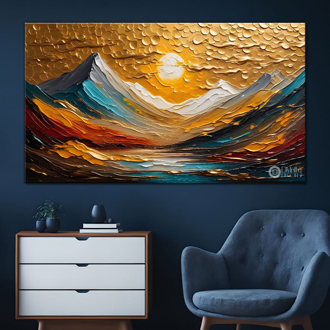 Mountains with sun and lake painting Canvas Painting - Nature Art -670
