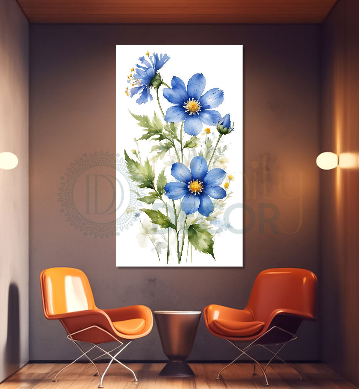 Blue flowers in white textured background painting - Flower-V-670