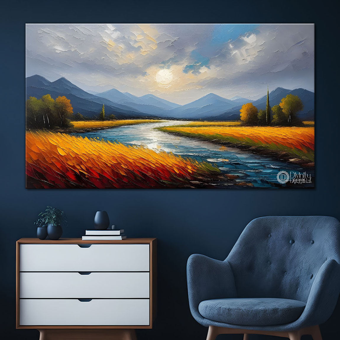 Colorful flowers with lake textured painting Canvas Painting - Nature Art -672