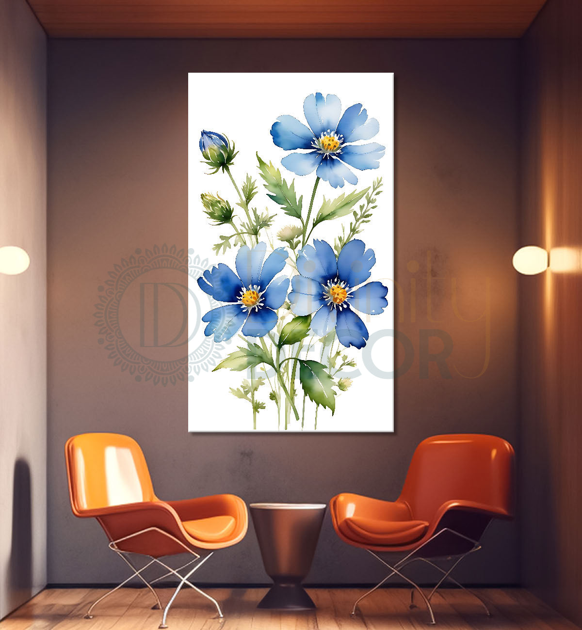 Blue flowers in white textured background painting - Flower-V-672