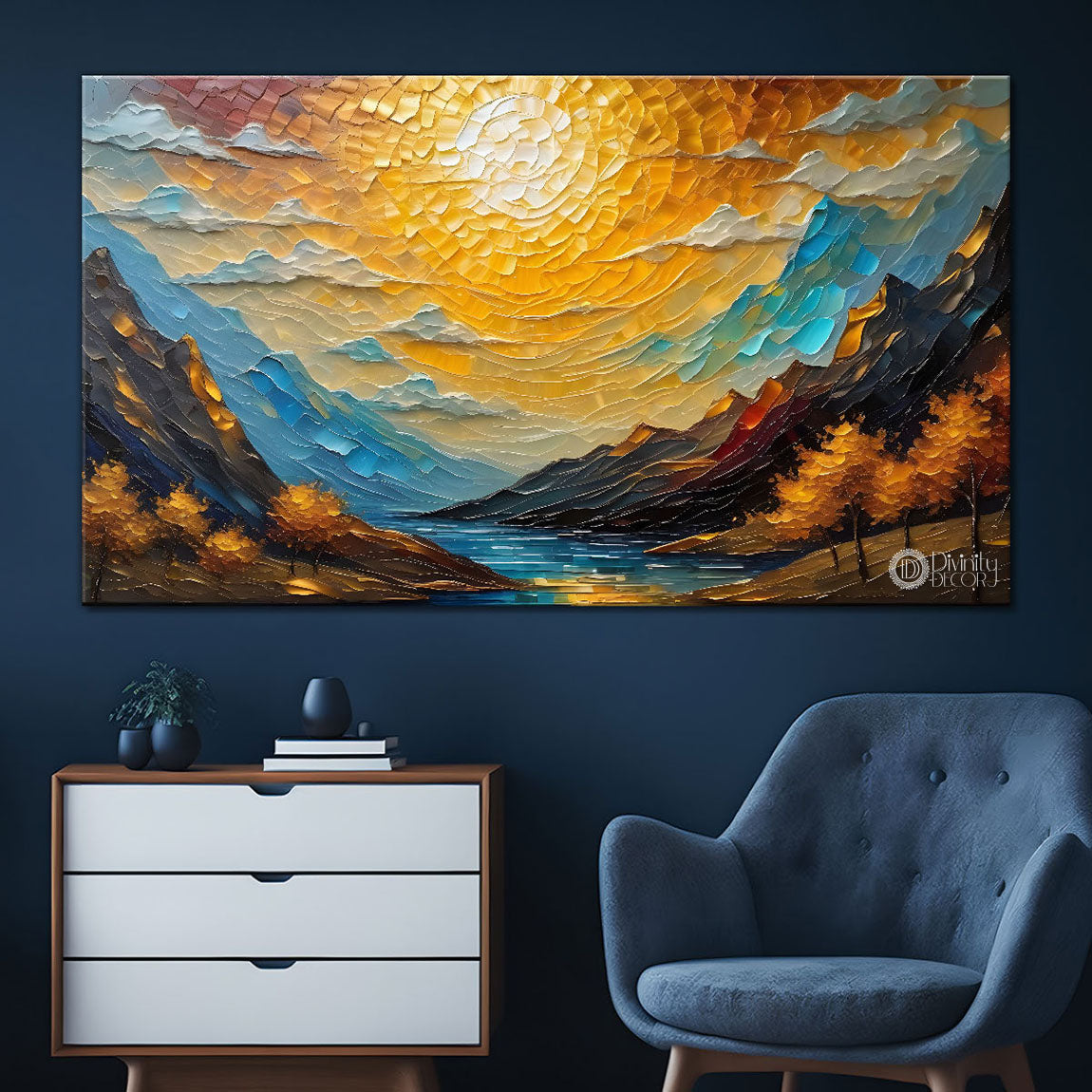 Mountains with sun textured painting Canvas Painting - Nature Art -673