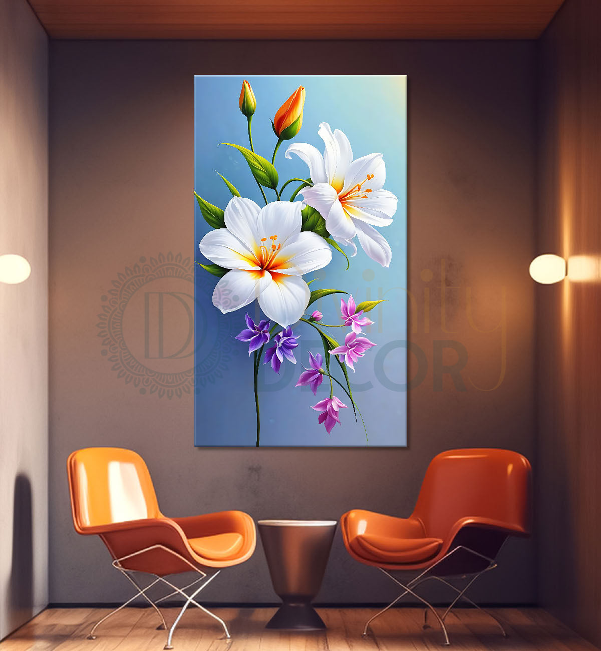 White flowers in blue textured painting - Flower-V-675
