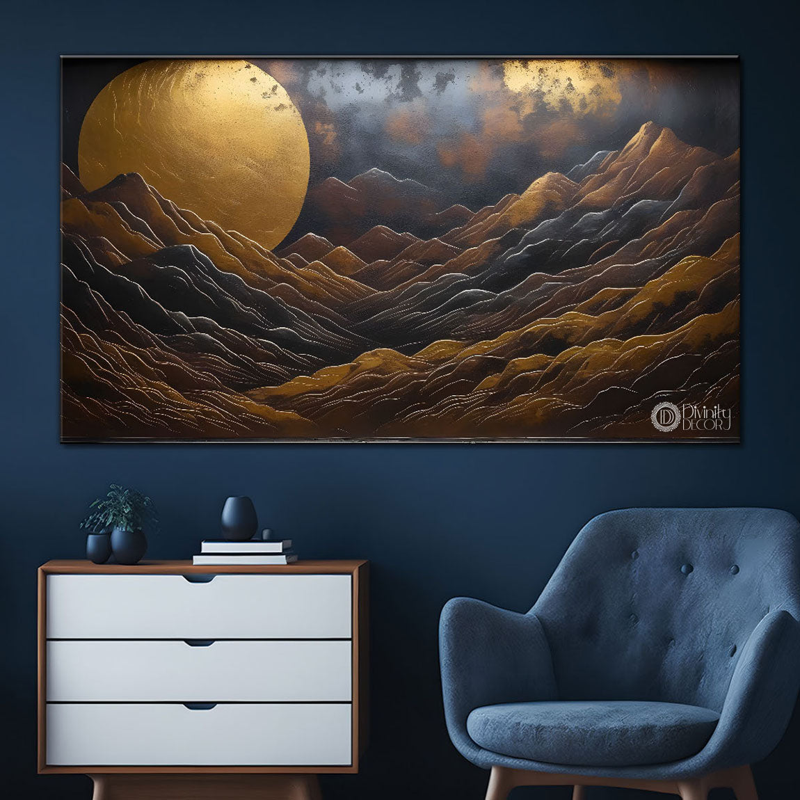 Mountains with golden moon painting Canvas Painting - Nature Art -676