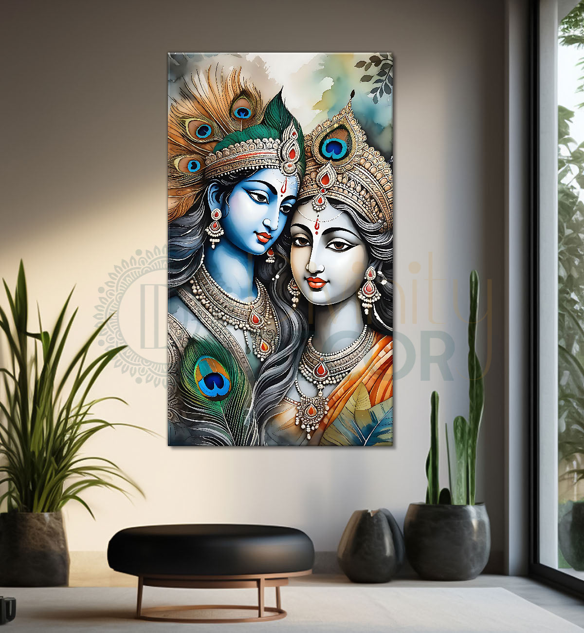 Blue face of krishna with radha in grey and light brown water colour textured art Canvas Painting - Design - Krishna-V-67