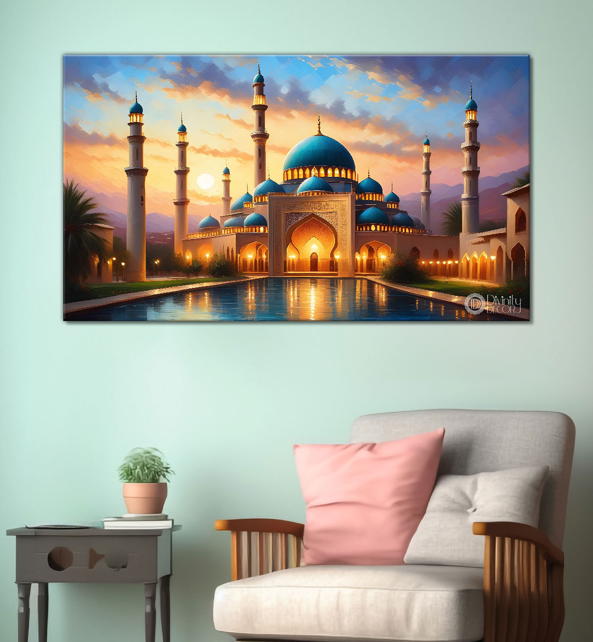 Beautiful Islamic mosque with sunset textured oil painting Canvas Painting - Islamic paintings - 68