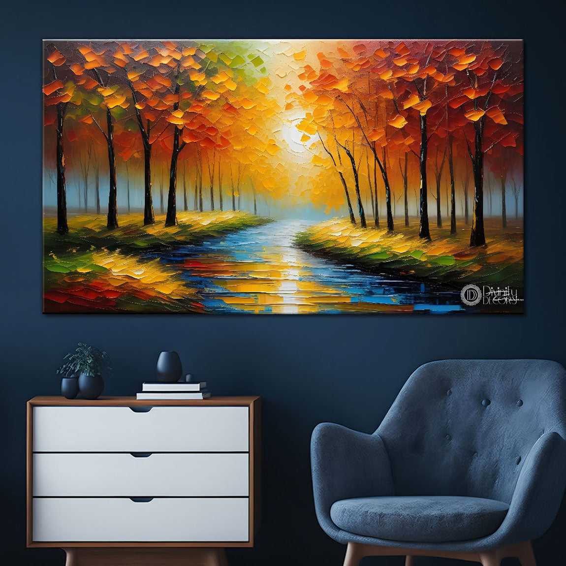 Orange trees with lake painting Canvas Painting - Nature Art -681
