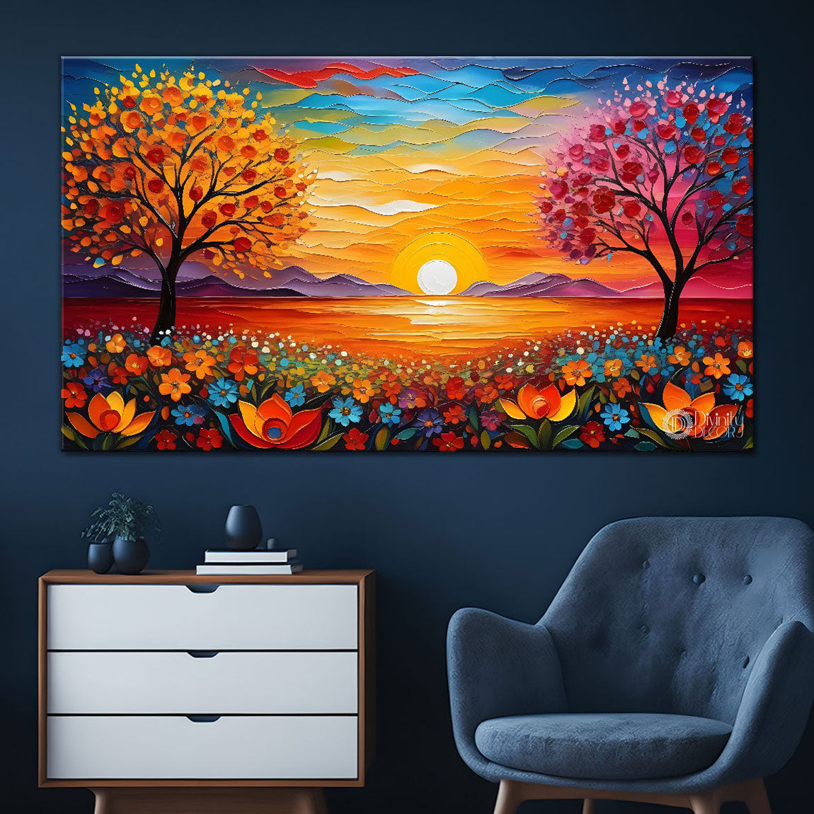 Colorful trees with sunrise painting art Canvas Painting - Nature Art -682