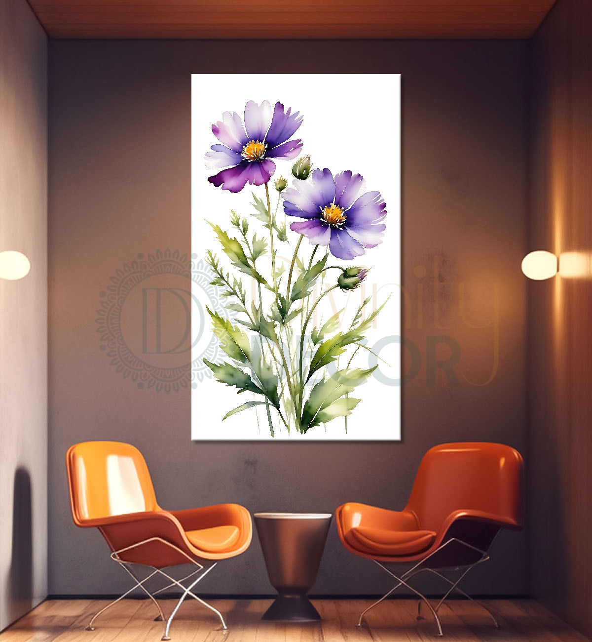 Purple flowers in white textured background painting - Flower-V-682