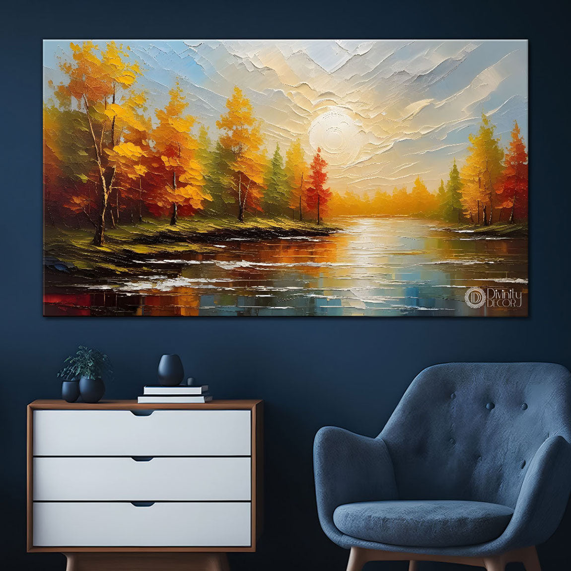 Orange trees with river painting art Canvas Painting - Nature Art -683