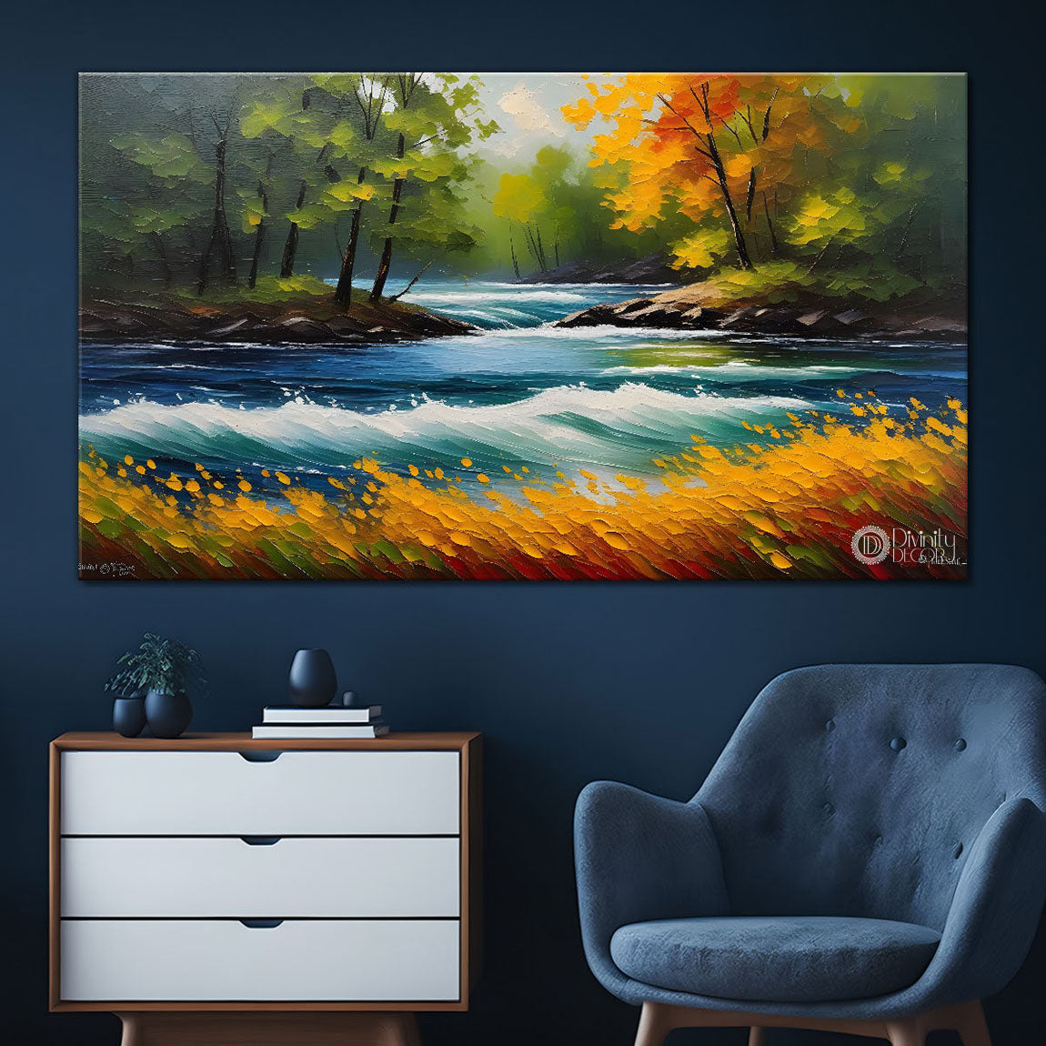 River with greenery painting art Canvas Painting - Nature Art -684