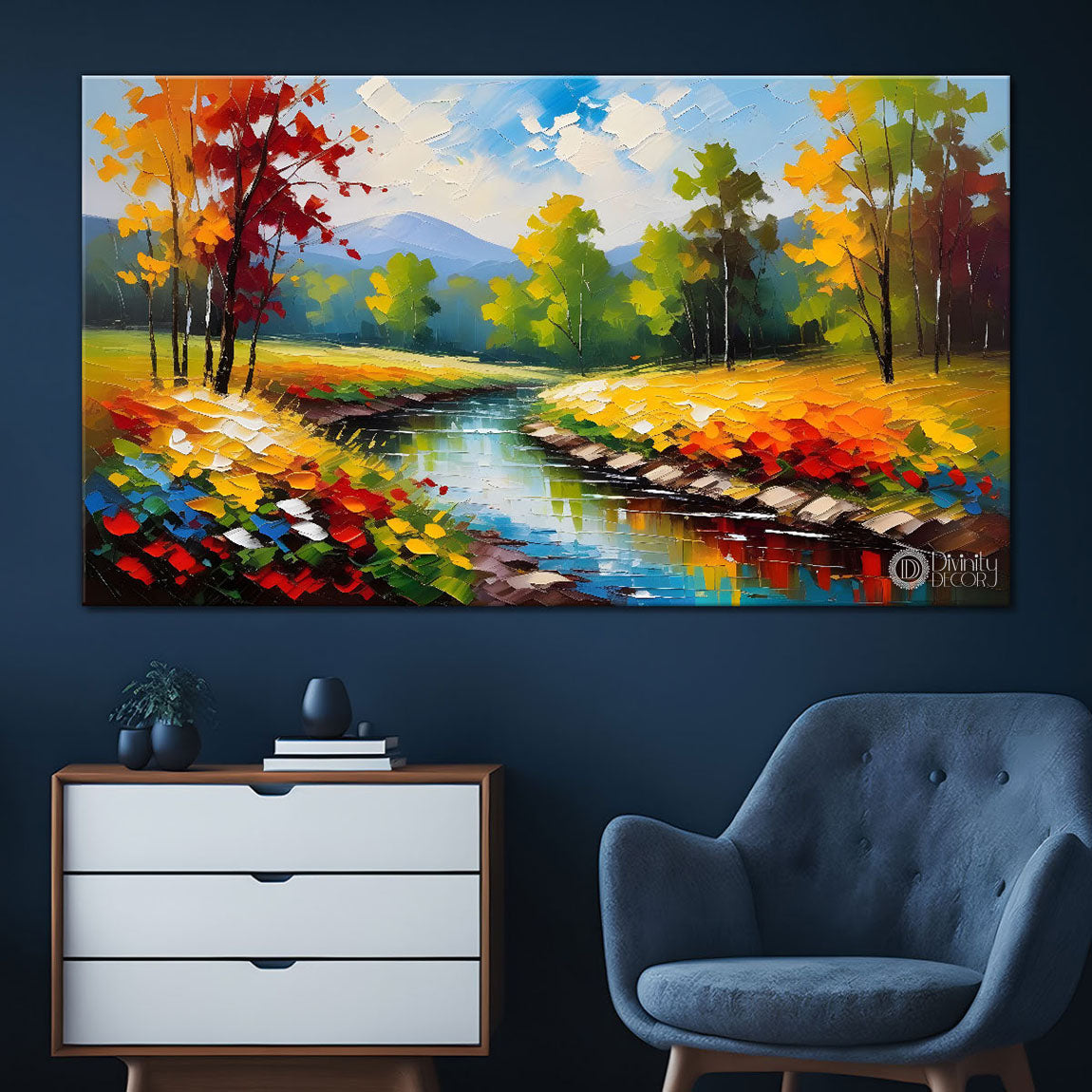 Greenery with lake and flowers painting Canvas Painting - Nature Art -686