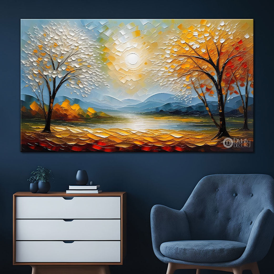 Orange trees with land and sun painting Canvas Painting - Nature Art -687
